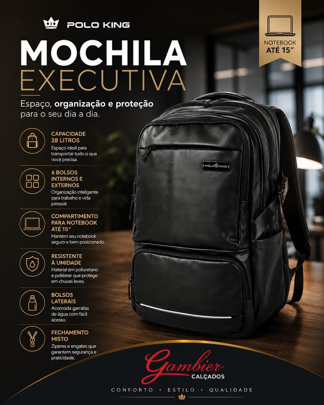 Mochila executiva Polo King disponível na Gambier