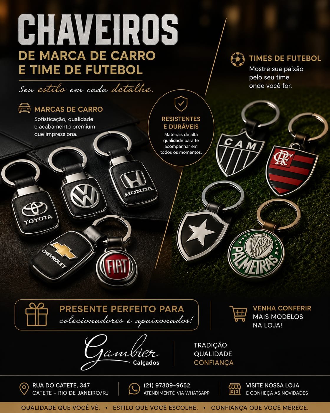 Chaveiros e ideias de presente disponíveis na Gambier